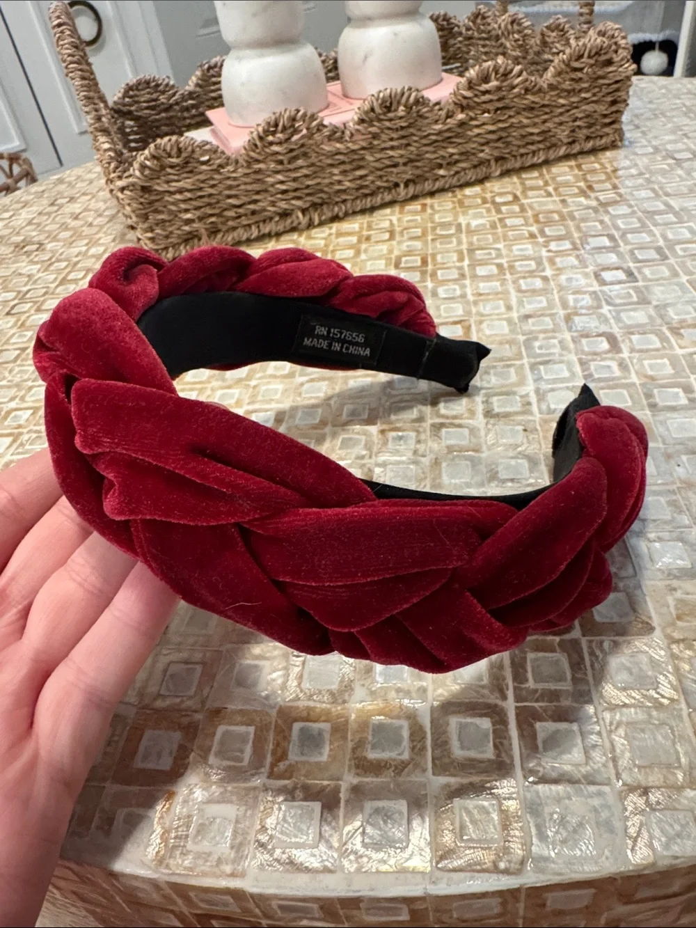 Braided Velvet Headband in Deep Red